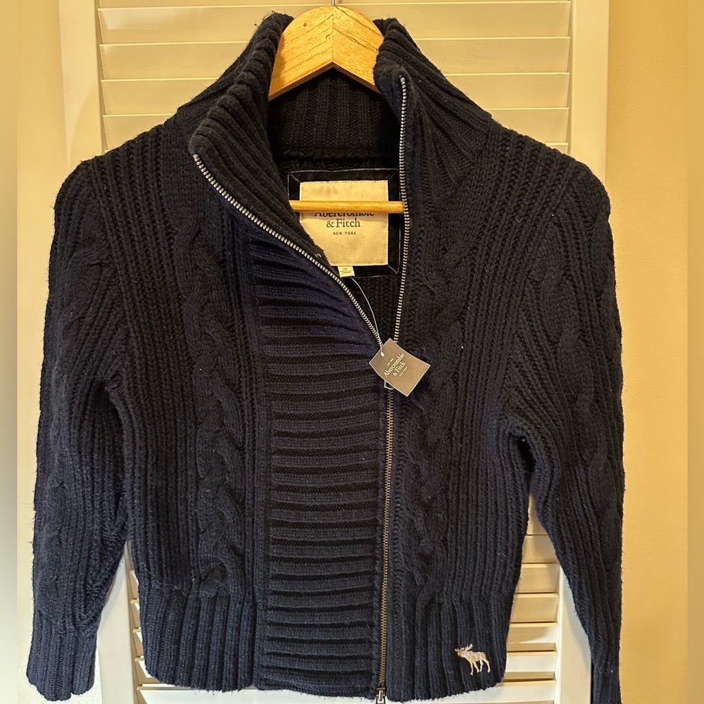 NWT Abercrombie & Fitch y2k silk navy cable knit zip up sweater